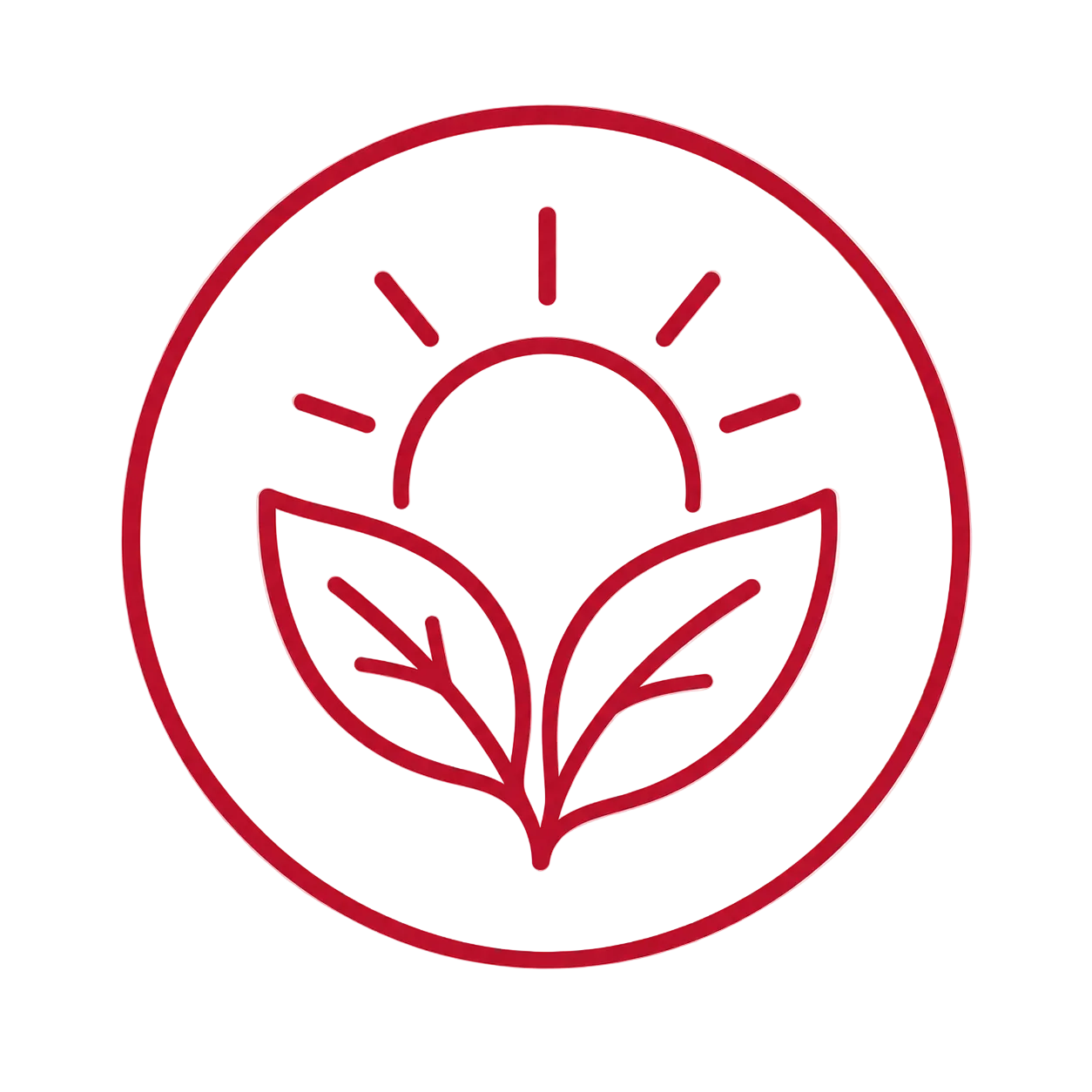Red icon of a sun with two leaves inside a circle on a transparent background